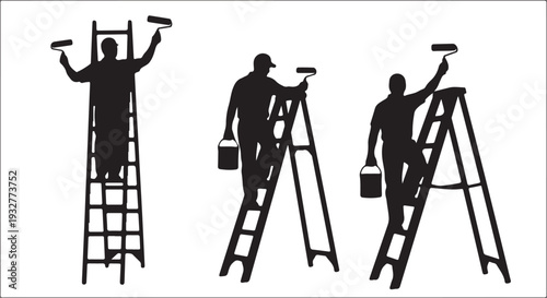 Isolated Vector Silhouette Set of Men on Ladders Painting with Rollers and Buckets isolated PNG with Transparent Background
