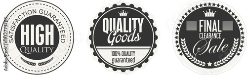 Three black and white quality guarantee seals on a white background