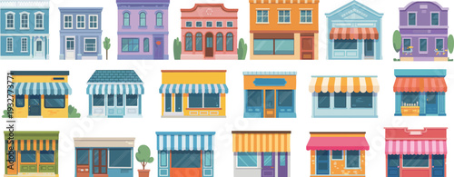 Collection of whimsical storefront illustrations in diverse architectural styles, colors, and facades for urban design, community projects, education, and creative artwork