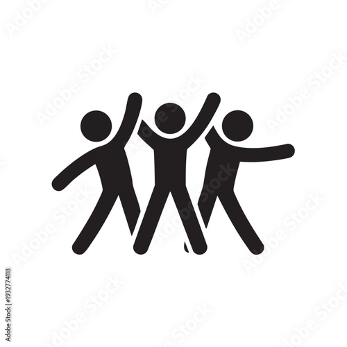 Three stick figures celebrating together with raised arms in a joyful scene of friendship and unity