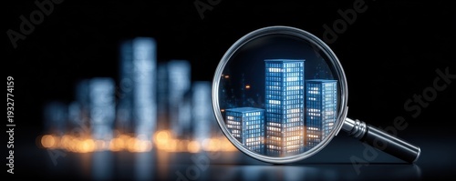 Magnifying glass focusing on glowing modern city skyscrapers with blurred urban lights