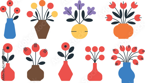 Modern flat flower vase set with colorful floral arrangements in assorted pots, minimalist botanical vector collection isolated on white background for home decor design