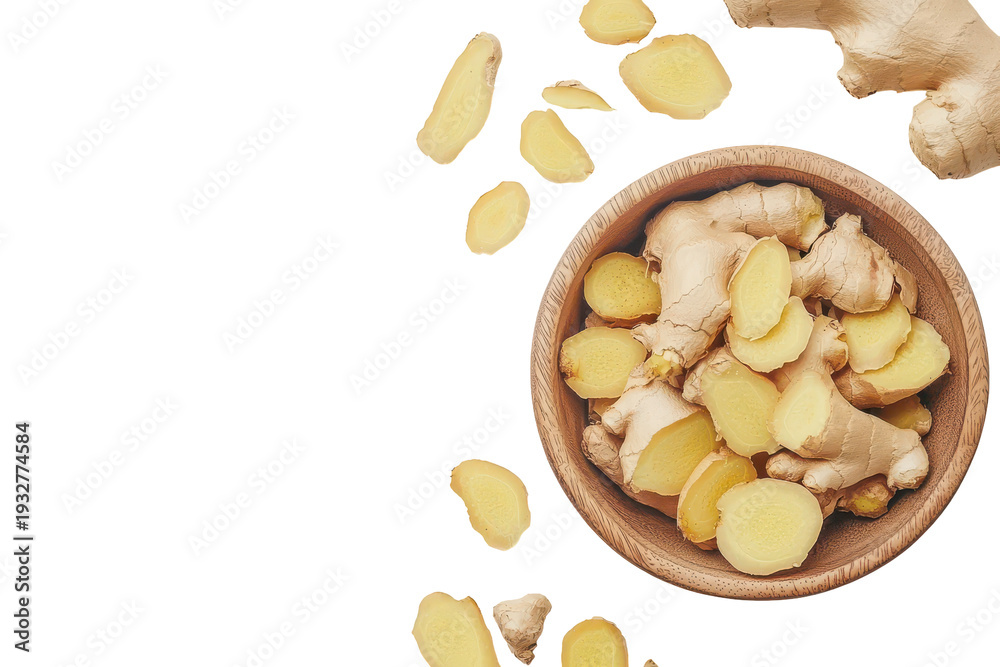 Fototapeta premium Fresh ginger root slices in a bowl isolated on transparent background. Fresh ginger root and slices arranged in a bowl on a clean white background.