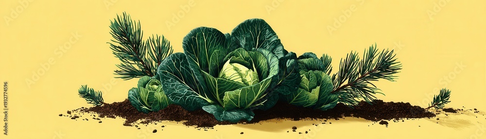 Obraz premium Fresh green cabbages growing in dark soil with surrounding pine tree branches