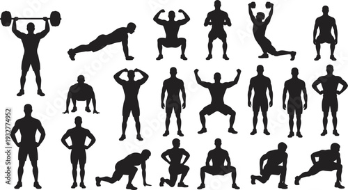 Men fitness workout silhouette set, strength training exercises and bodybuilding poses isolated on white background