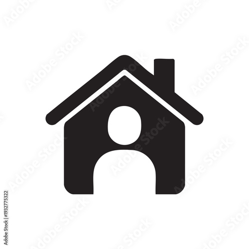 Simple black house icon with a chimney and arched doorway viewed directly from the front, symbolizing home and shelter in a minimalist illustration style.