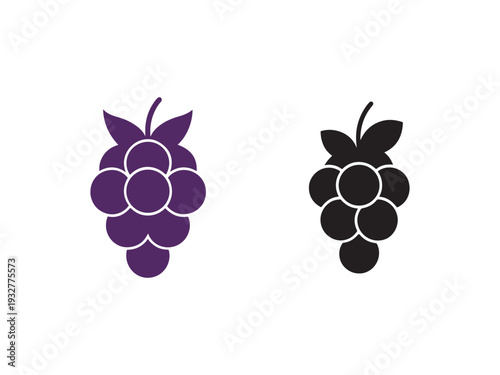 Black and purple silhouettes of bramble or blackberry fruit clusters with leaves  simple vector graphics for food or nature designs