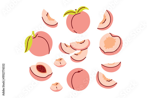 Hand drawn peach illustrations featuring various cuts and whole fruits for digital scrapbooking and eco friendly product packaging or summer pattern creation