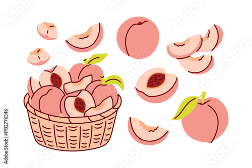Assorted ripe peach fruits and juicy slices for healthy lifestyle blog posts organic menu design and summer food ingredients illustration for recipe cards and cookbooks