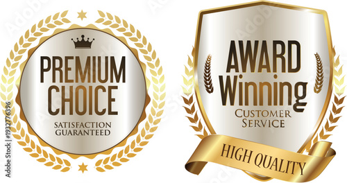 Premium choice and award winning badges with laurel wreaths and ribbons on white background