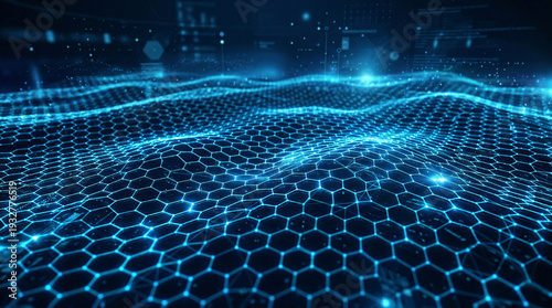 Abstract glowing cyan blue hexagonal mesh wave pattern on dark navy background technology concept