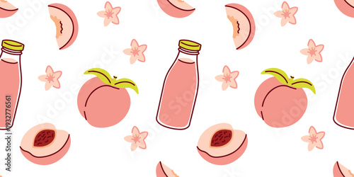 Seamless pattern featuring peaches juice bottles and blossoms for summer beverage branding gift wrap and textile surface design