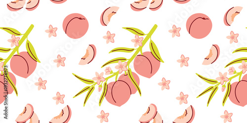 Seamless pattern with peach branches flowers and fruit slices for botanical stationery wedding paper and spring fashion textile