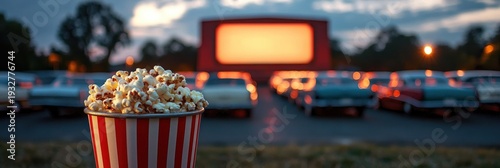 large striped bucket of popcorn in the foreground at an outdoor drive-in cinema with rows of parked cars and a glowing screen at dusk, evoking nostalgic cozy anticipation
