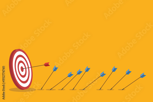 Business Target Success Concept Vector Illustration, Arrow Hitting Bullseye and Missing Arrows, Goal Achievement Strategy, Marketing Performance, Leadership Focus, Investment Growth Concept