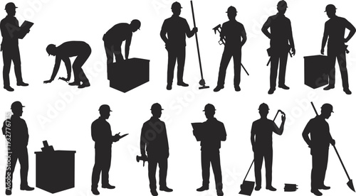 Construction worker silhouette collection, builder team with tools and equipment, industrial laborers isolated black vector illustration set
