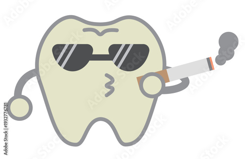 喫煙で黄ばんだ色をした歯のキャラクター サングラス姿でタバコをくわえる