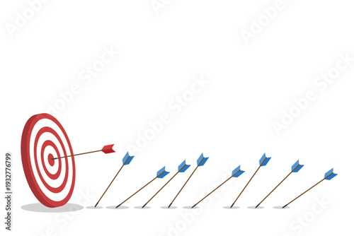 Business Target Success Concept Vector Illustration, Arrow Hitting Bullseye and Missing Arrows, Goal Achievement Strategy, Marketing Performance, Leadership Focus, Investment Growth Concept