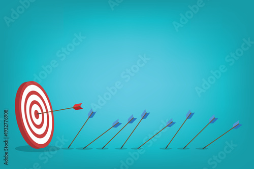 Business Target Success Concept Vector Illustration, Arrow Hitting Bullseye and Missing Arrows, Goal Achievement Strategy, Marketing Performance, Leadership Focus, Investment Growth Concept