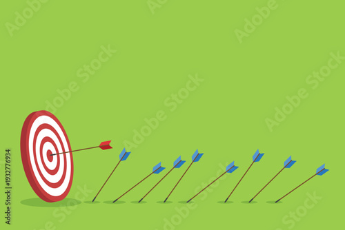 Business Target Success Concept Vector Illustration, Arrow Hitting Bullseye and Missing Arrows, Goal Achievement Strategy, Marketing Performance, Leadership Focus, Investment Growth Concept