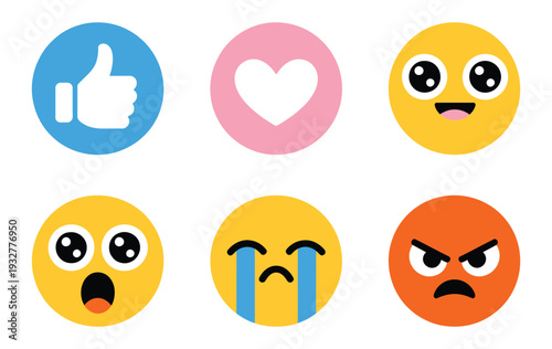 Funny flat style emoji emoticon reactions color icon set, featuring yellow cartoon faces with expressions like smile, sad, love, like, tear, and Lol, perfect for social