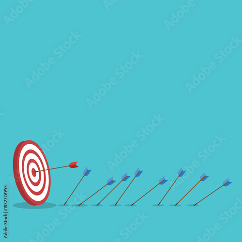 Business Target Success Concept Vector Illustration, Arrow Hitting Bullseye and Missing Arrows, Goal Achievement Strategy, Marketing Performance, Leadership Focus, Investment Growth Concept