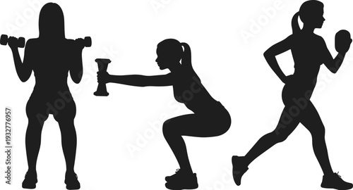 Female fitness silhouette set, women strength training with dumbbells squat and running exercise poses