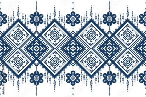 Seamless navy geometric floral repeat pattern on white. Ideal for textile printing, upholstery fabric, wallpaper production, fashion apparel and industrial surface manufacturing.
