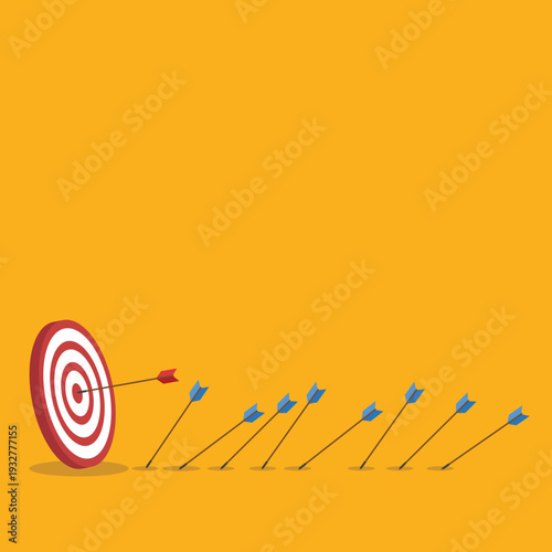 Business Target Success Concept Vector Illustration, Arrow Hitting Bullseye and Missing Arrows, Goal Achievement Strategy, Marketing Performance, Leadership Focus, Investment Growth Concept