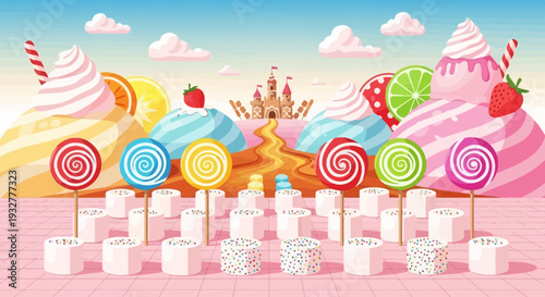 A colorful illustration of a fantasy candy land with sweets and treats