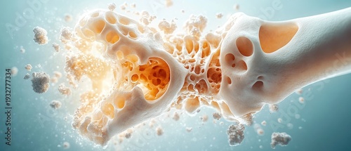 close-up of porous spongy bone breaking apart with crumbling particles and interconnected cavities, conveying fragility, decay, and structural collapse in a detailed microscopic medical view