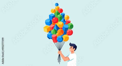 A smiling man holding a large bunch of colorful balloons