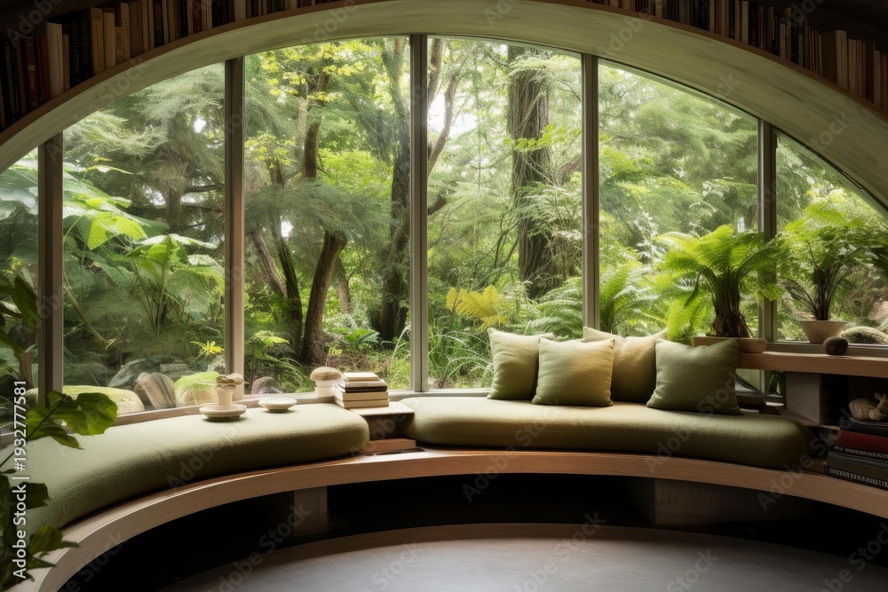 Fototapeta premium Interior reading space features a curved wooden bench and large window overlooking a green forest
