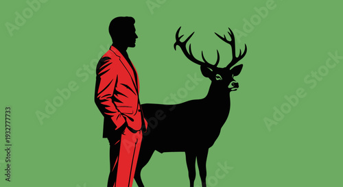 A man in a red suit stands next to a deer