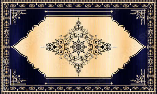 Luxury damask rug pattern with ornate floral medallion and decorative borders on deep blue and gold background. Inspired by royal vintage carpets, perfect for textiles, wallpapers, interiors