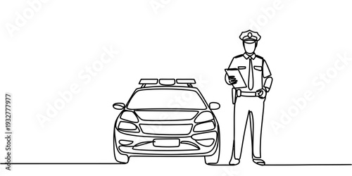Police officer standing by patrol car line art illustration