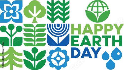 Happy Earth Day greeting with stylized nature icons and geometric patterns.
