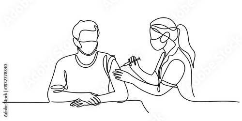 Nurse vaccinating patient line art illustration isolated on white