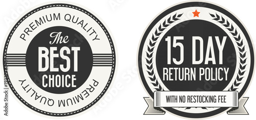 Two black and white seals guaranteeing premium quality and a 15 day return policy