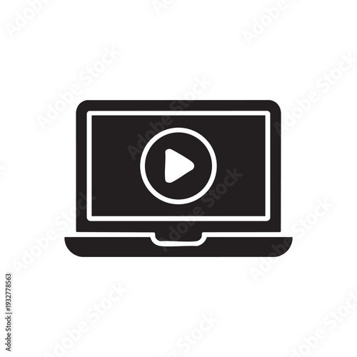 A laptop computer displaying a video play icon on its screen, symbolizing media playback from a digital device in a modern setting.