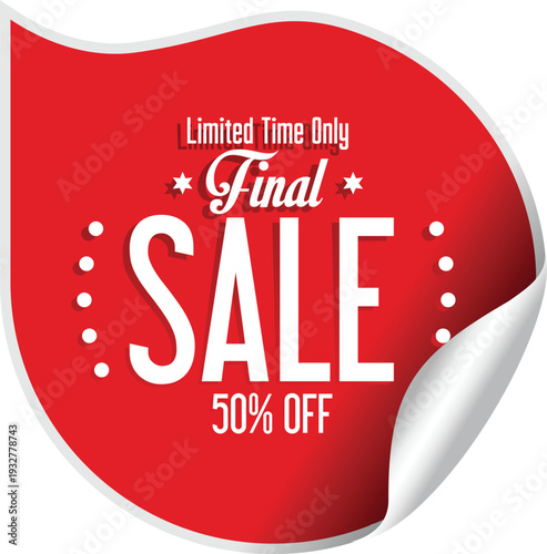 A red sticker with a final sale of 50 percent off