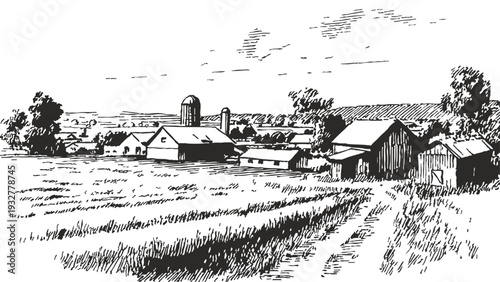 Farm buildings barns rural countryside agricultural horizon. Traditional wooden farm structures with silo and open land. Banner for farming concept. Crayon ink drawn illustration style.