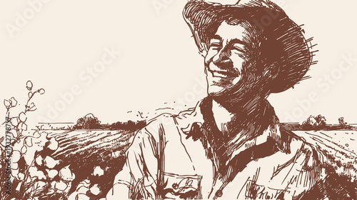 Laughing farmer with straw hat in open farmland. Wide crop rows and rural horizon create background for agriculture posters. Rough crayon sketch drawing style.