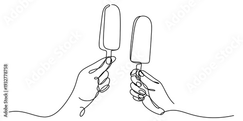 Hands holding ice cream popsicles line art illustration