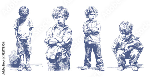 Child standing confident angry crossed arms illustration. Young boy showing stubborn and serious attitude in hand drawn pencil drawing style. Banner for behavior education.