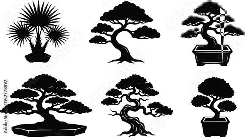 Bonsai tree silhouettes collection, artistic foliage styles, twisted trunks, cloud forms, horticultural diversity – flat vector illustration