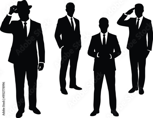 Business attire silhouettes collection, formal suit figures, professional poses, respect, corporate style icons – flat vector illustration
