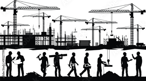 Construction site silhouettes, workers cranes building vector, infrastructure teamwork design, industrial labor art, urban development illustration - flat vector illustration
