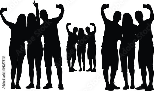 Silhouettes of friends taking group selfies with smartphones, cad drawing flat vector illustration of people posing for photos and memories.