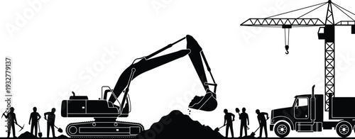 Construction site silhouettes, workers machinery vector, excavator crane design, industrial labor art, infrastructure teamwork illustration - flat vector illustration